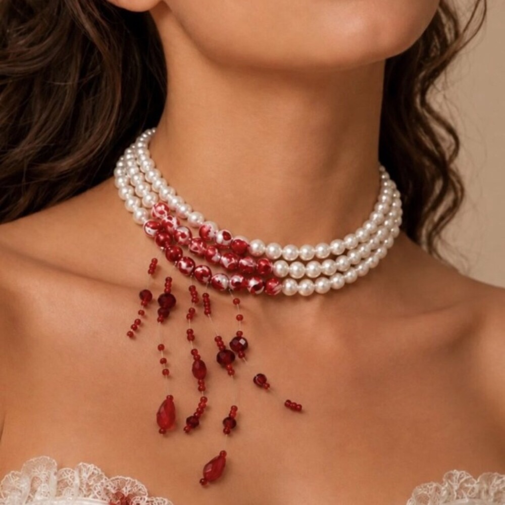 White Pearl Choker Necklace with Red Beaded Drop Statement Design